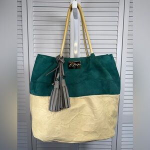 Chloe Leather Suede Large Tote Bag Forest Green And Off-White With Fringe Tassle
